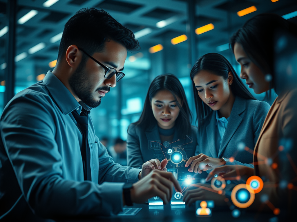 Four professionals in business attire collaborate around a table, interacting with holographic digital interfaces displaying data and icons, in a modern office setting with blue and orange lighting.