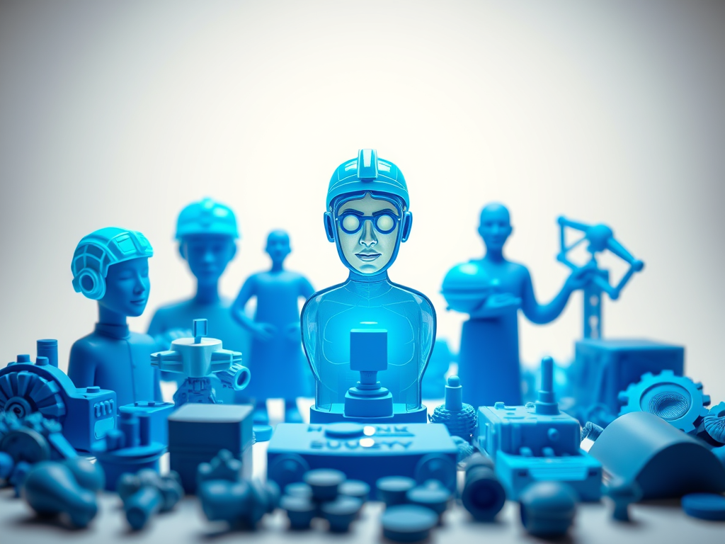 A group of blue, stylized robot figures stand among various mechanical parts and gears, with one prominent robot in the center wearing goggles and a helmet, creating a futuristic technology scene.