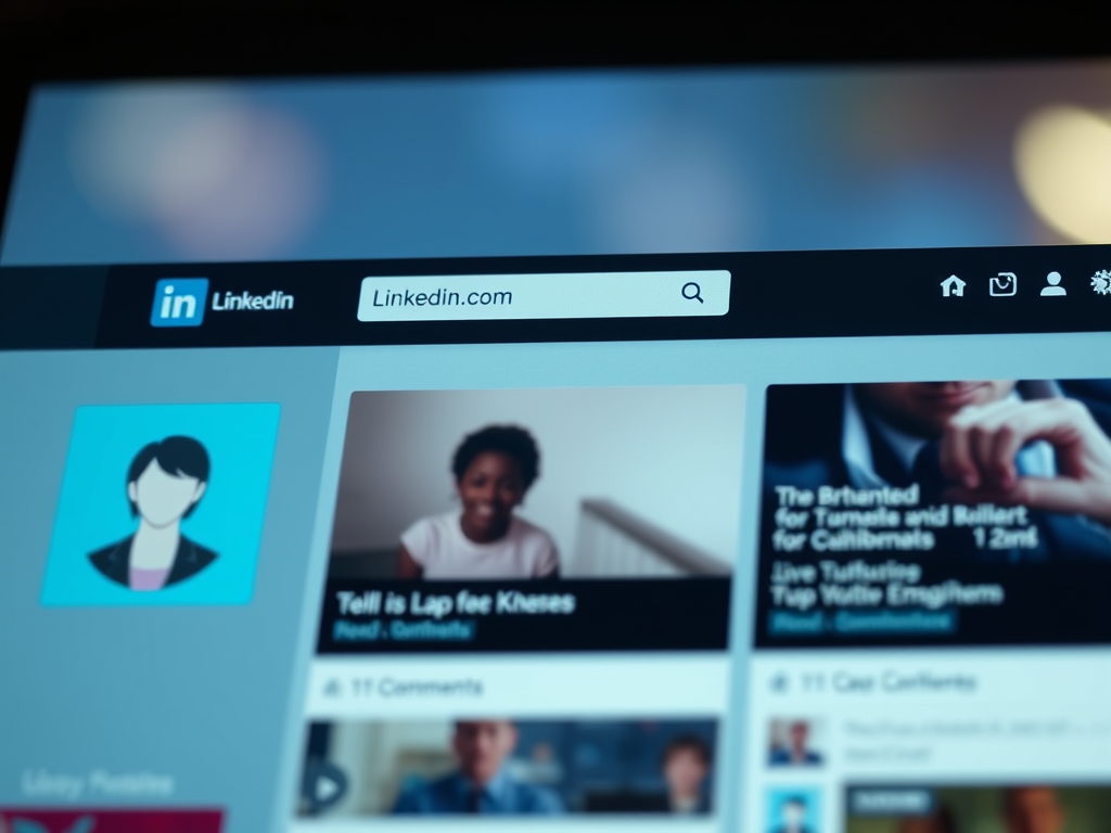 A computer screen displays the LinkedIn homepage, showing the search bar at the top and profile images, articles, and updates on the main feed.