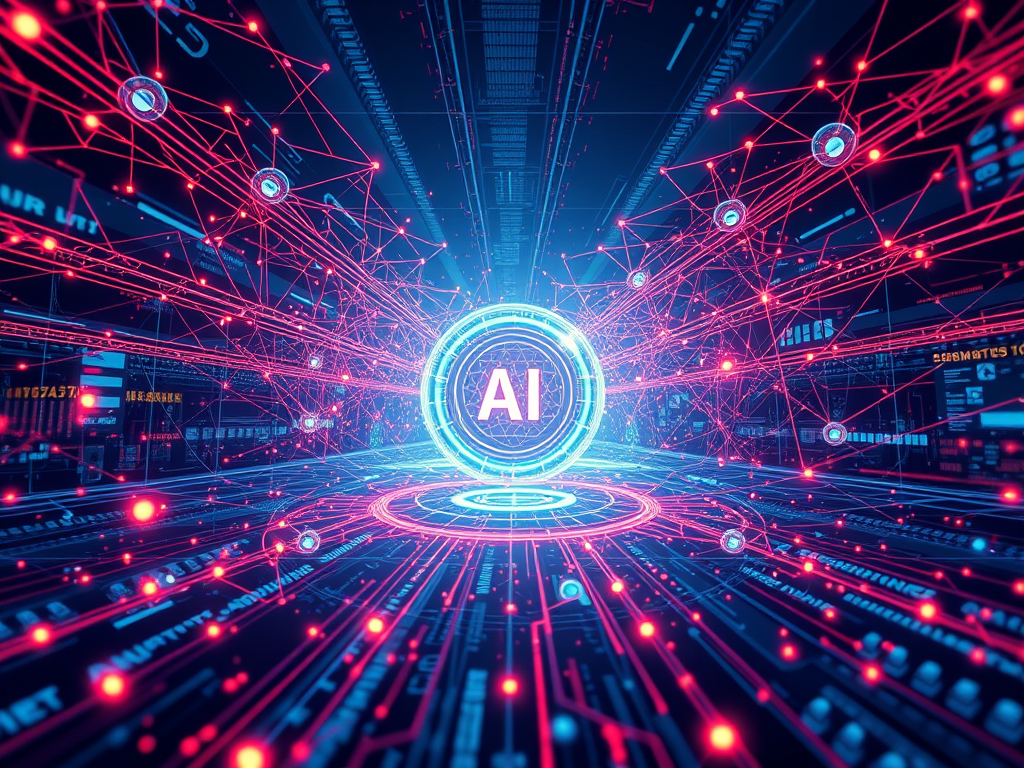 A glowing "AI" symbol at the center of a futuristic digital network, with red and blue lines connecting data nodes in a high-tech, neon-lit environment.