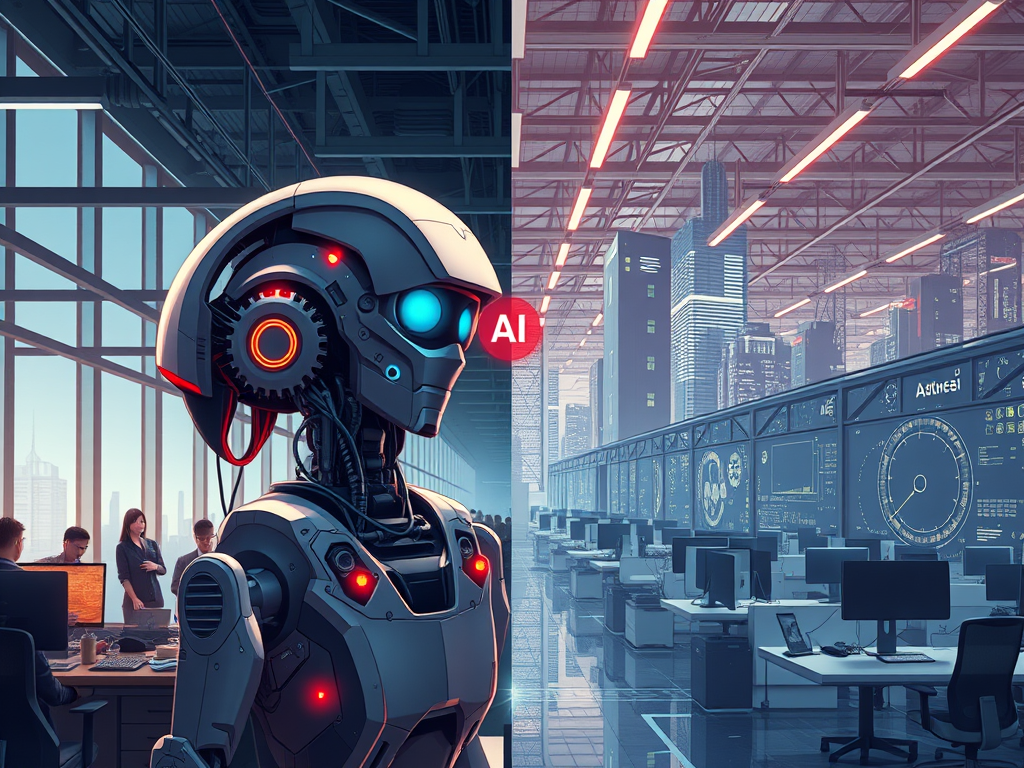 A futuristic robot with glowing blue and red lights stands in a high-tech office, while people work at desks. The background features a modern cityscape and large digital screens displaying data.