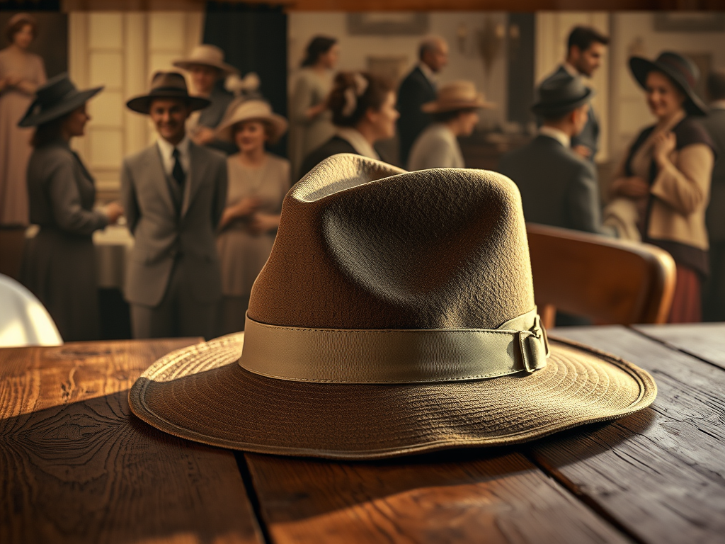 A tan fedora with a light band sits on a wooden table, while a group of people in vintage clothing and hats socialize in the softly focused background.