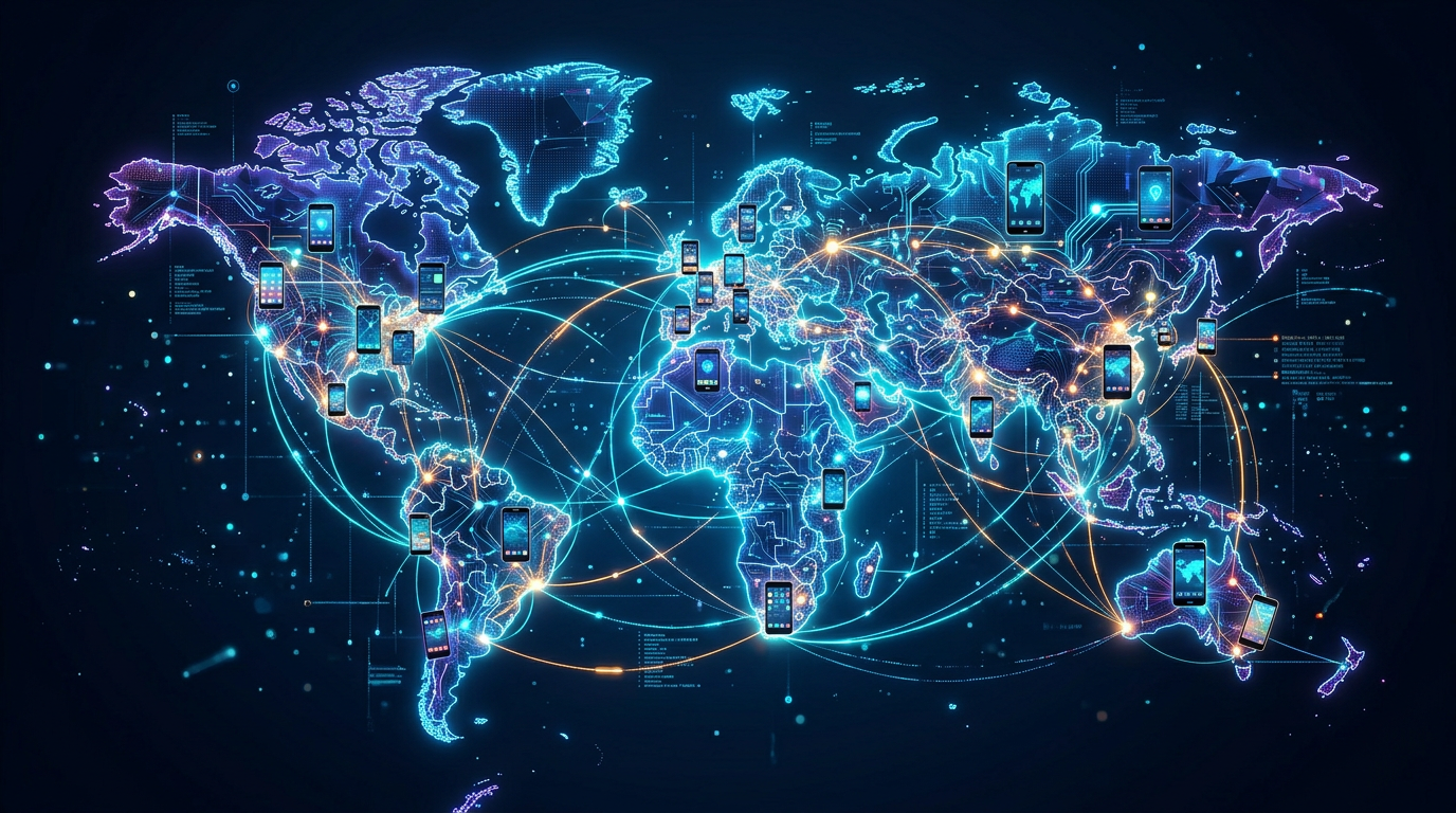 Digital world map with multiple smartphones interconnected by glowing lines indicating global mobile communication networks.