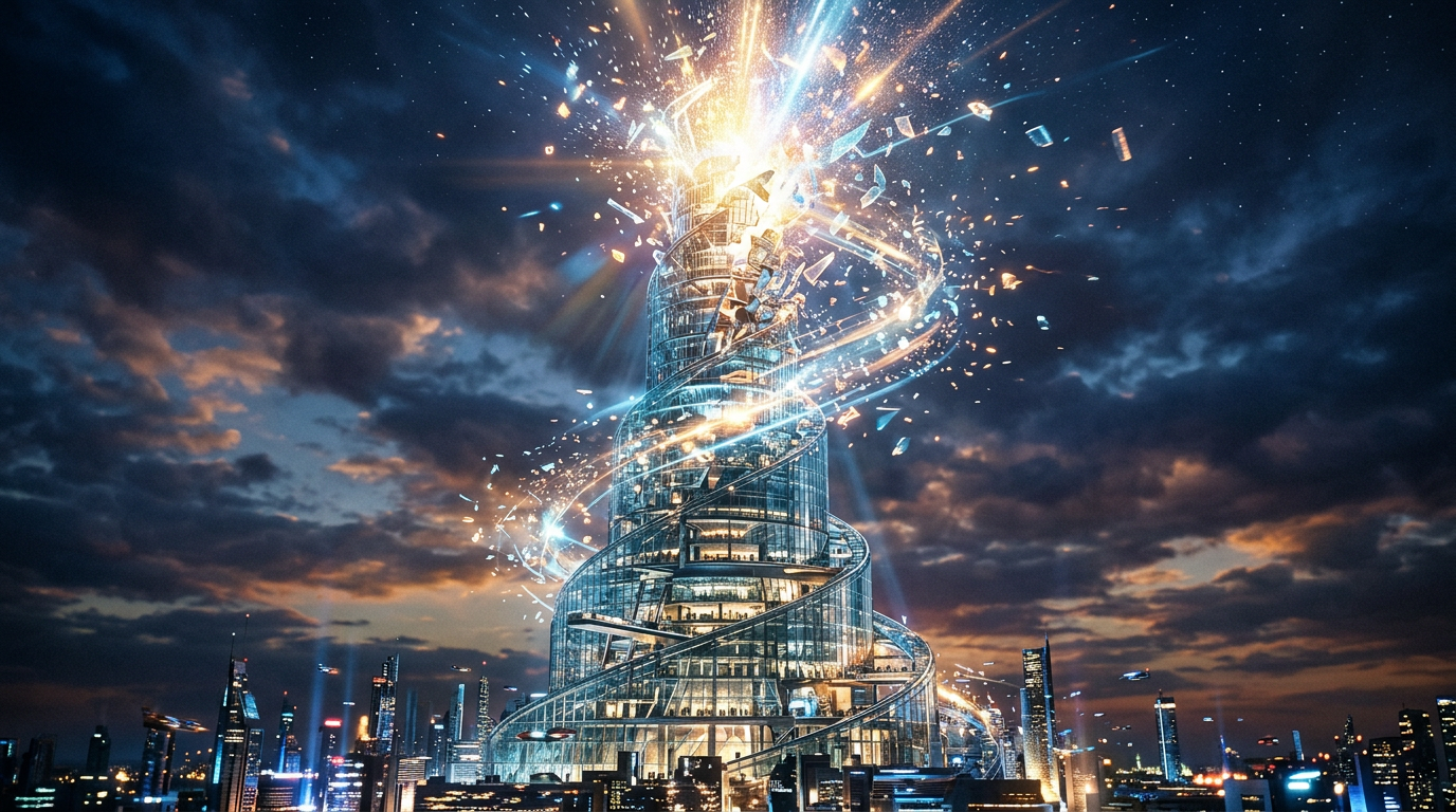 Futuristic skyscraper with DNA helix spiraling and explosion at top under dark sky