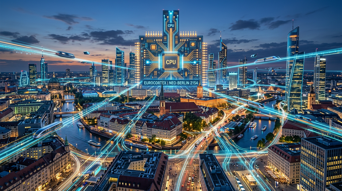 Futuristic cityscape with CPU circuit overlay and glowing transportation lines